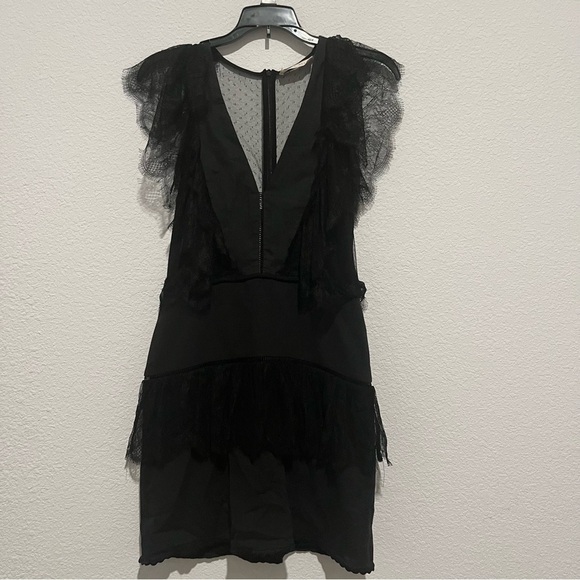 Stevie May Black Linen Lace Sheer Ruffle Deep V Mini Dress Size Small - Picture 1 of 7